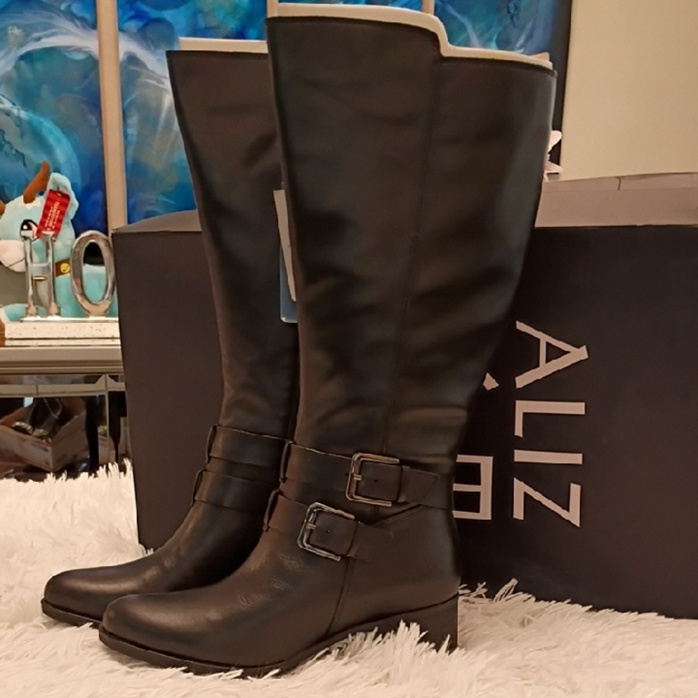 Naturalizer Dale Waterproof Black Leather Dual Buckle Boots Size 6M Wide Calf